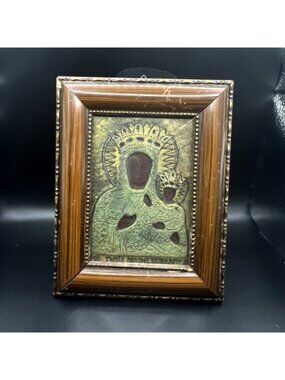 Vintage Religious Icon Black Madonna Of Czestochowa Ornate Frame Polish Catholic
